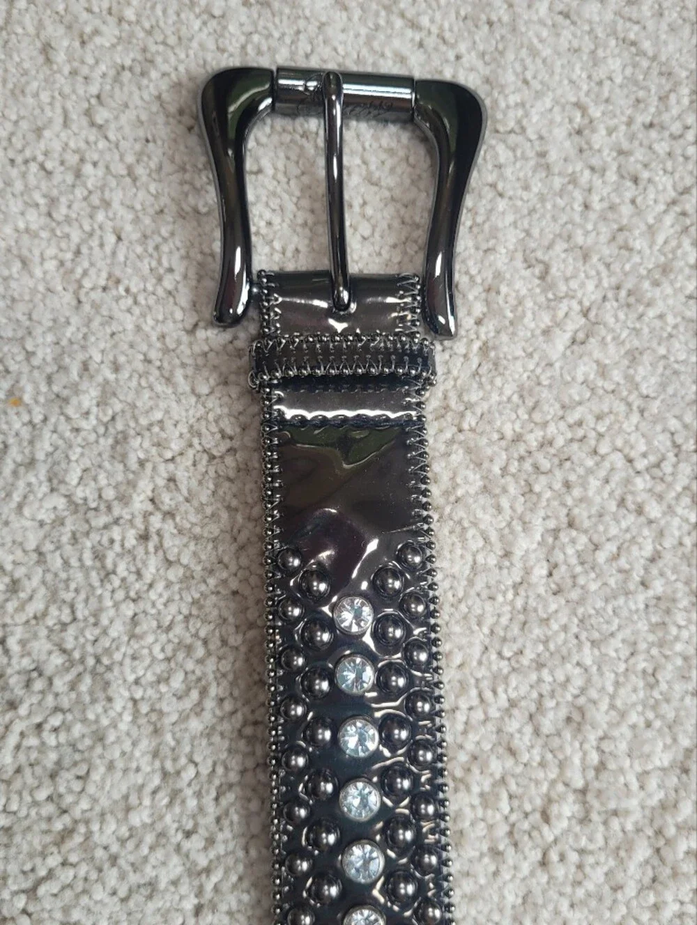 GUESS Y2K Black Leather Crystal Rhinestone Studded Belt Silver Buckle
